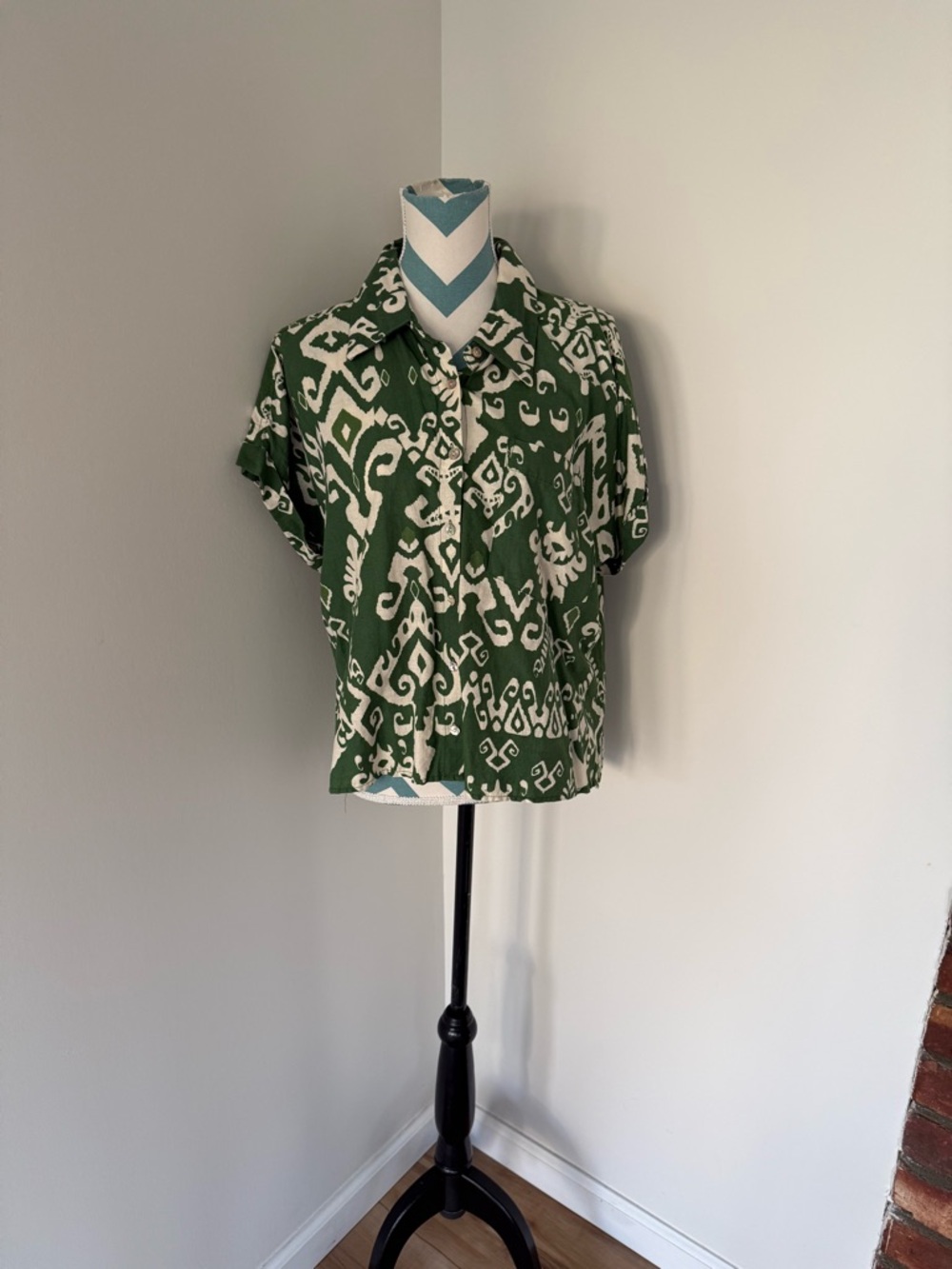 Haute Hippie Green and Cream Ikat Print Blouse